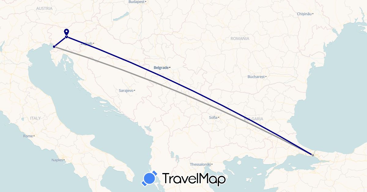 TravelMap itinerary: driving, plane in Italy, Slovenia, Turkey (Asia, Europe)